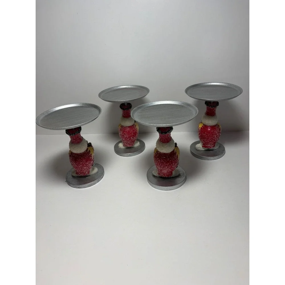 Set of 4 Snowman Nutcracker Candle Holders Silver Red Holiday Christmas Decor